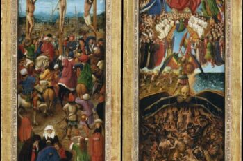 Flemish text on the frame of Van Eyck's diptych in the