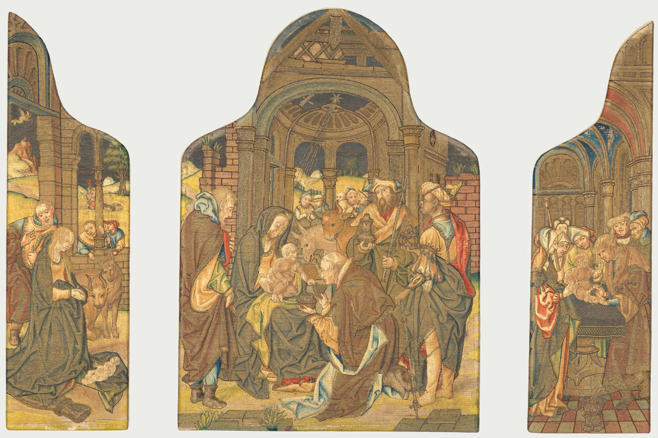 Fig. 4. <em>Scenes from the Infancy of Christ</em> embroidery, ca. 1500. Silk, silver, silver-gilt threads on linen<br>Metropolitan Museum of Art, Gift of Irwin Untermyer, 1964 (64.101.1380a–c)