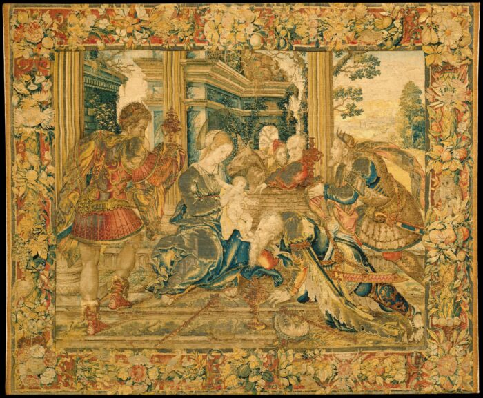 Fig. 2. <em>Adoration of the Magi tapestry</em>, ca. 1530. Wool, silk, silver, silver-gilt threads<br>Metropolitan Museum of Art, Bequest of Benjamin Altman, 1913 (14.40.706)