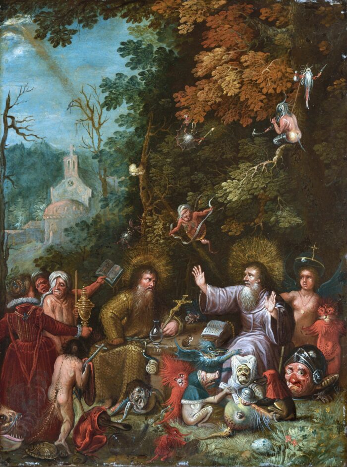 Unknown artist (possibly Hieronymus Francken the Younger), The Meeting of St. Anthony and St. Paul, early seventeenth century, oil on copper, 29 x 22.5 cmThe Gösta Serlachius Fine Arts Foundation, Mänttä. Photo: Hannu Miettinen.